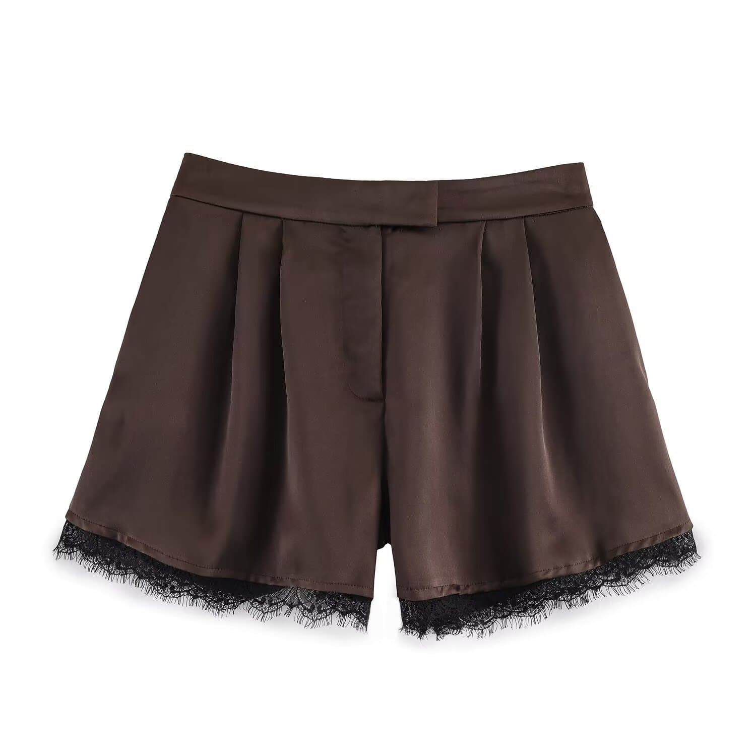 Fashionable Chic Lace-trimmed Satin Casual Shorts