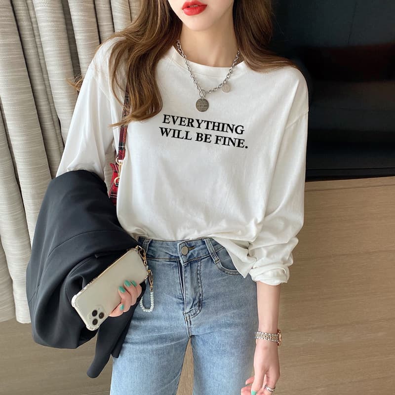 Fashionable Letter-printed Pure Cotton Long-sleeve T-shirt
