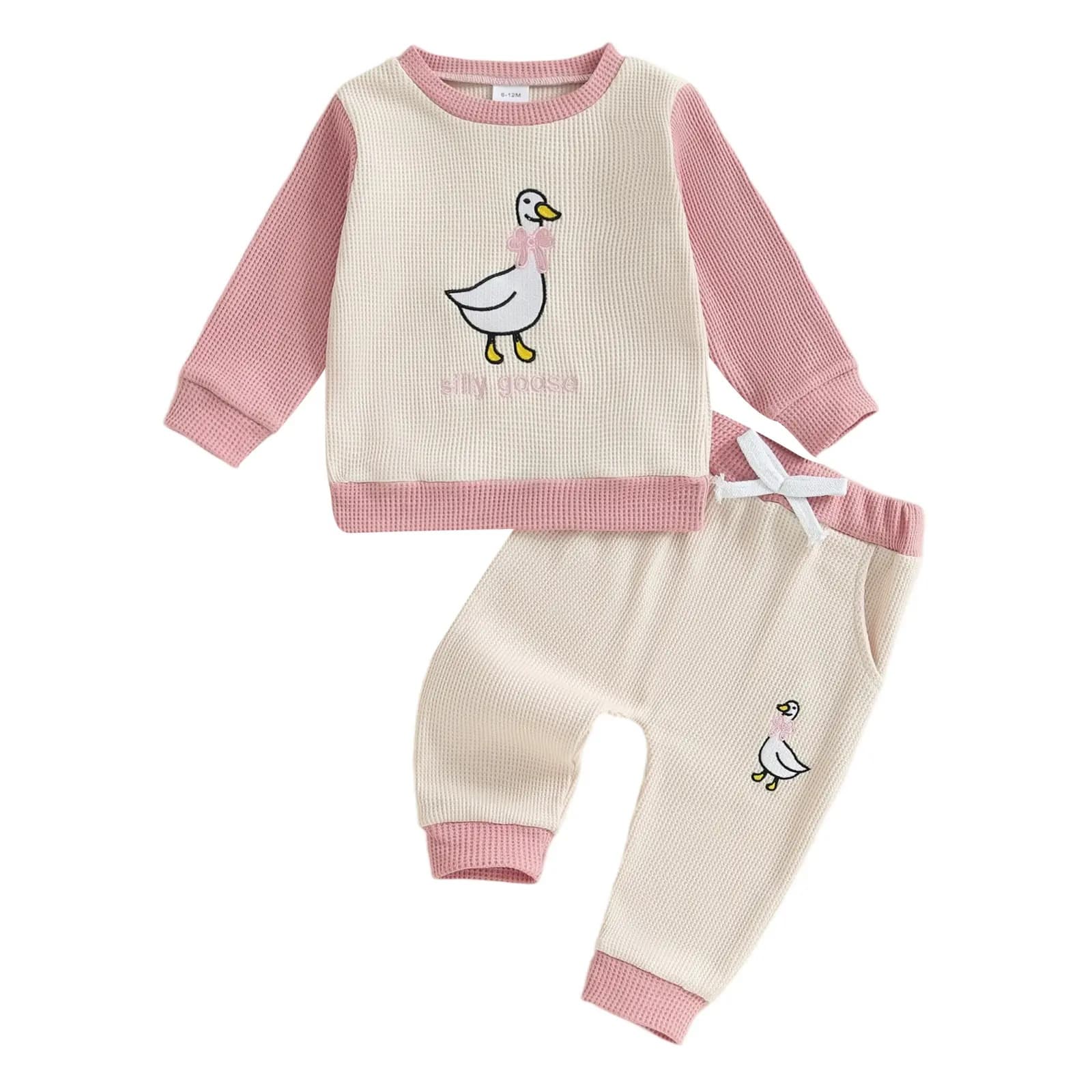 Cute Duck Embroidered Long-Sleeve Set For Girls