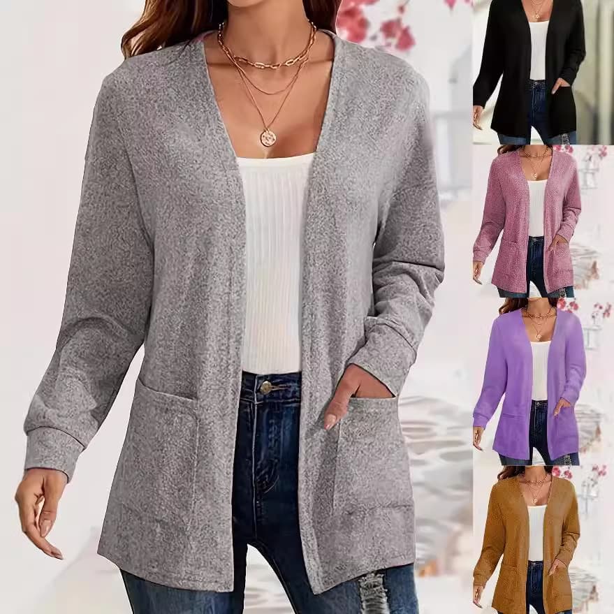 Womens Versatile Solid-color Pocketed Loose-fitting Lightweight Cardigan