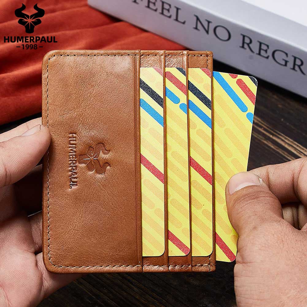 Genuine Leather Card Holder - Thin Slim Top Grain Cowhide ID Wallet for Driver License Credit Cards Bus Pass Portable Minimalist Design