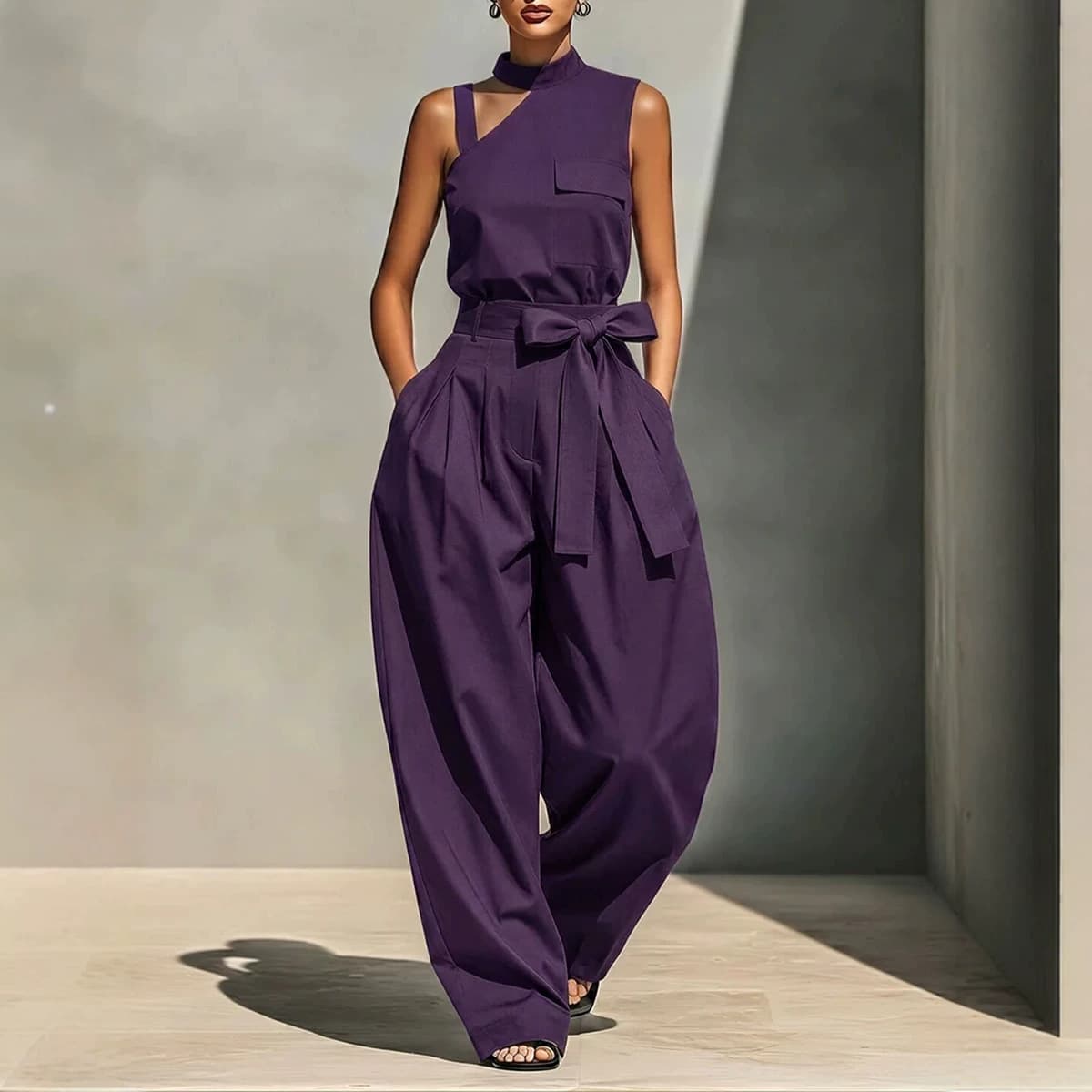Off-shoulder Stand-collar Sleeveless Jumpsuit