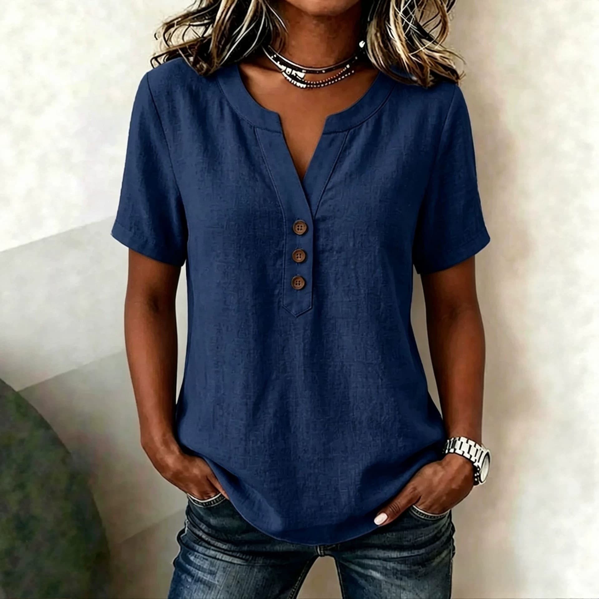 Casual Loose-fit Cotton-linen V-neck Button-up Top
