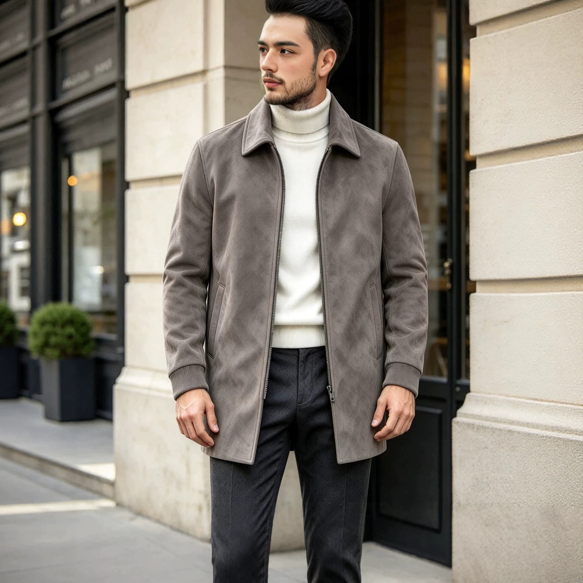 Solid-color Lapel Windproof Coat Casual Mid-length Overcoat