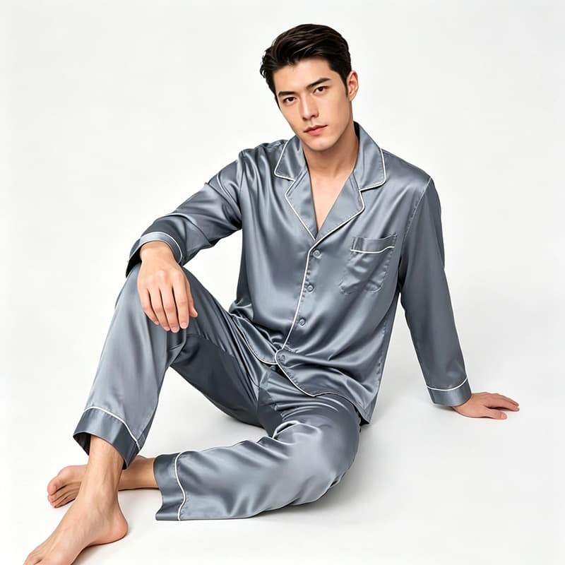 Mens Long-sleeve Long-pants Silk Pajama Set