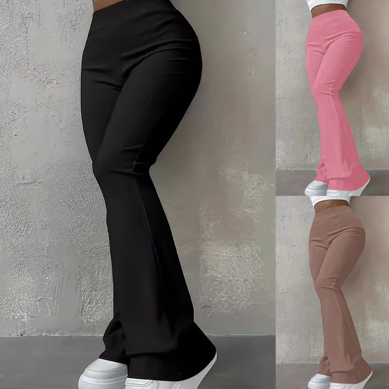 Womens Casual Simple Stylish Slim-Fit Ribbed Solid-Color High-Waisted Trousers