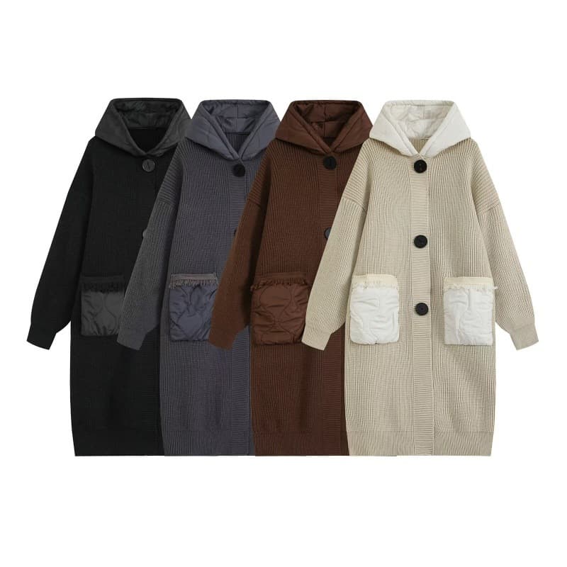 Womens Warm Hooded Knitted Coat With Large Pockets And Quilted Lining Long Style