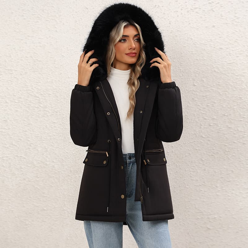 Women's Fleece-lined Mid-length Hooded Cotton Padded Jacket