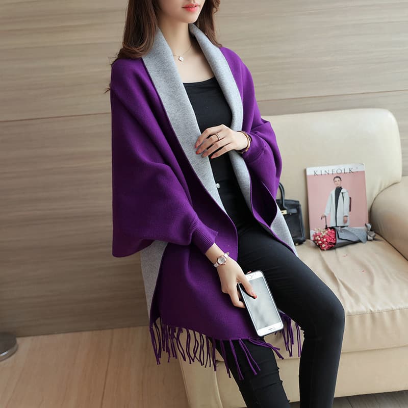 Sweater Solid Color Cardigan Cloak Batwing Sleeve Mid-length Cape Loose