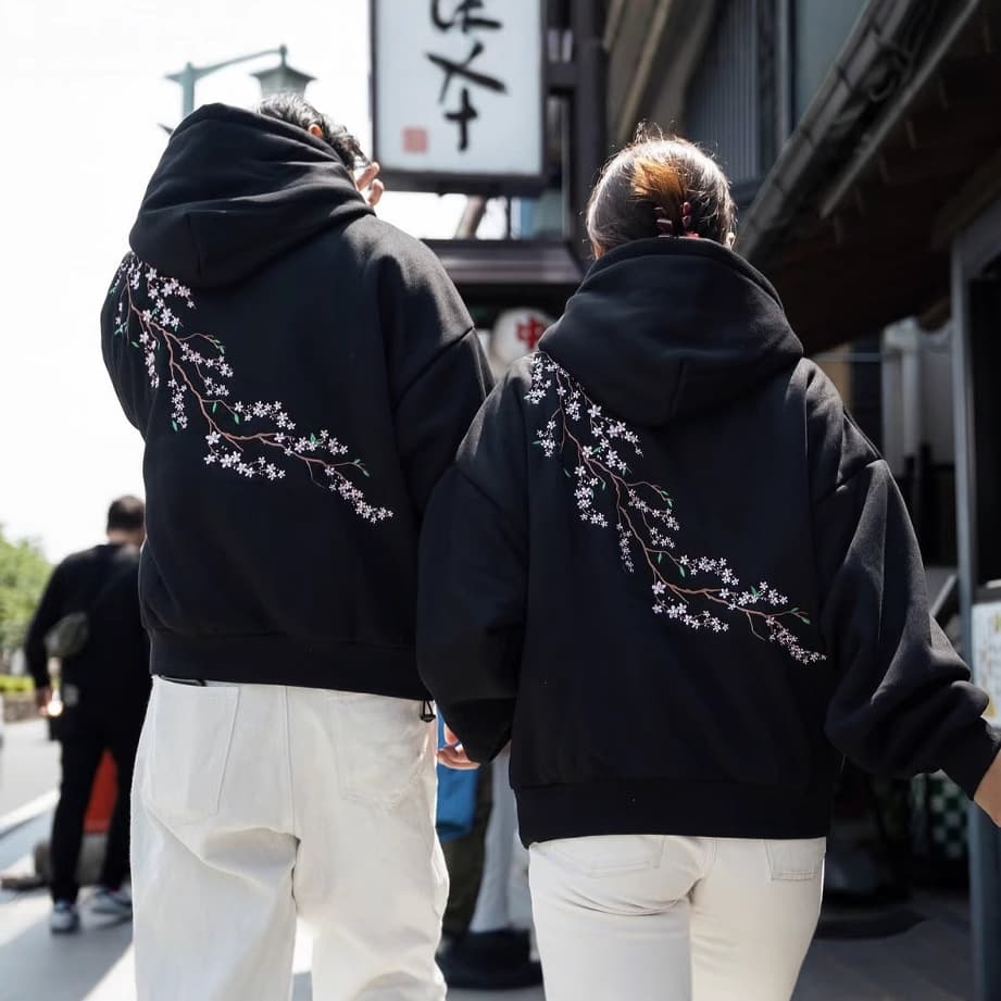 European And American Autumn And Winter Cherry Blossom Hooded Sweater Men And Women Street Hip Hop Retro