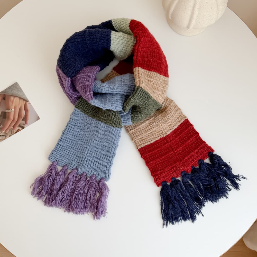 Dopamine Color Block Knitted Scarf with Tassels - Women's Thick Warm Winter Neck Warmer Wrap