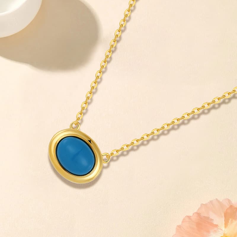 925 Sterling Silver Geometric Oval Turquoise Necklace