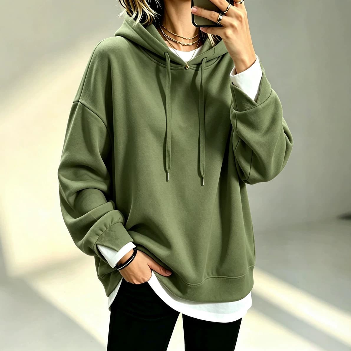 Plus-size Loose-fit Long-sleeve Solid-color Hoodie