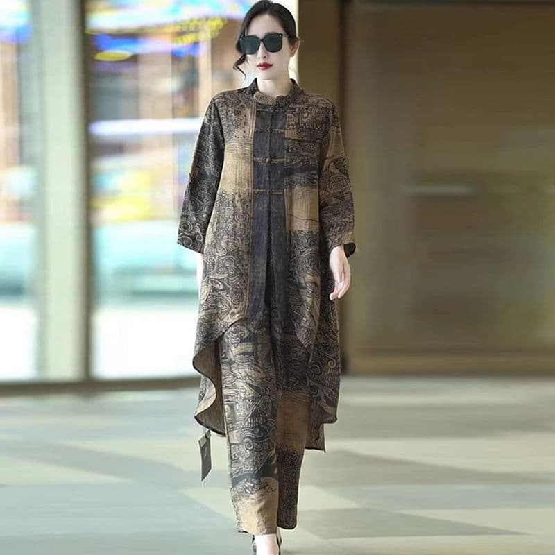 Retro Asymmetrical Top And Wide-leg Pants Two-piece Set