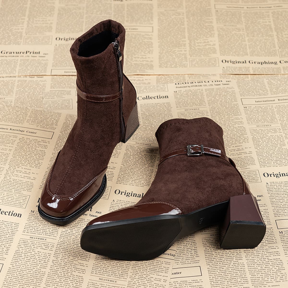 Retro French-style Square-toe Leather Suede Ankle Boots
