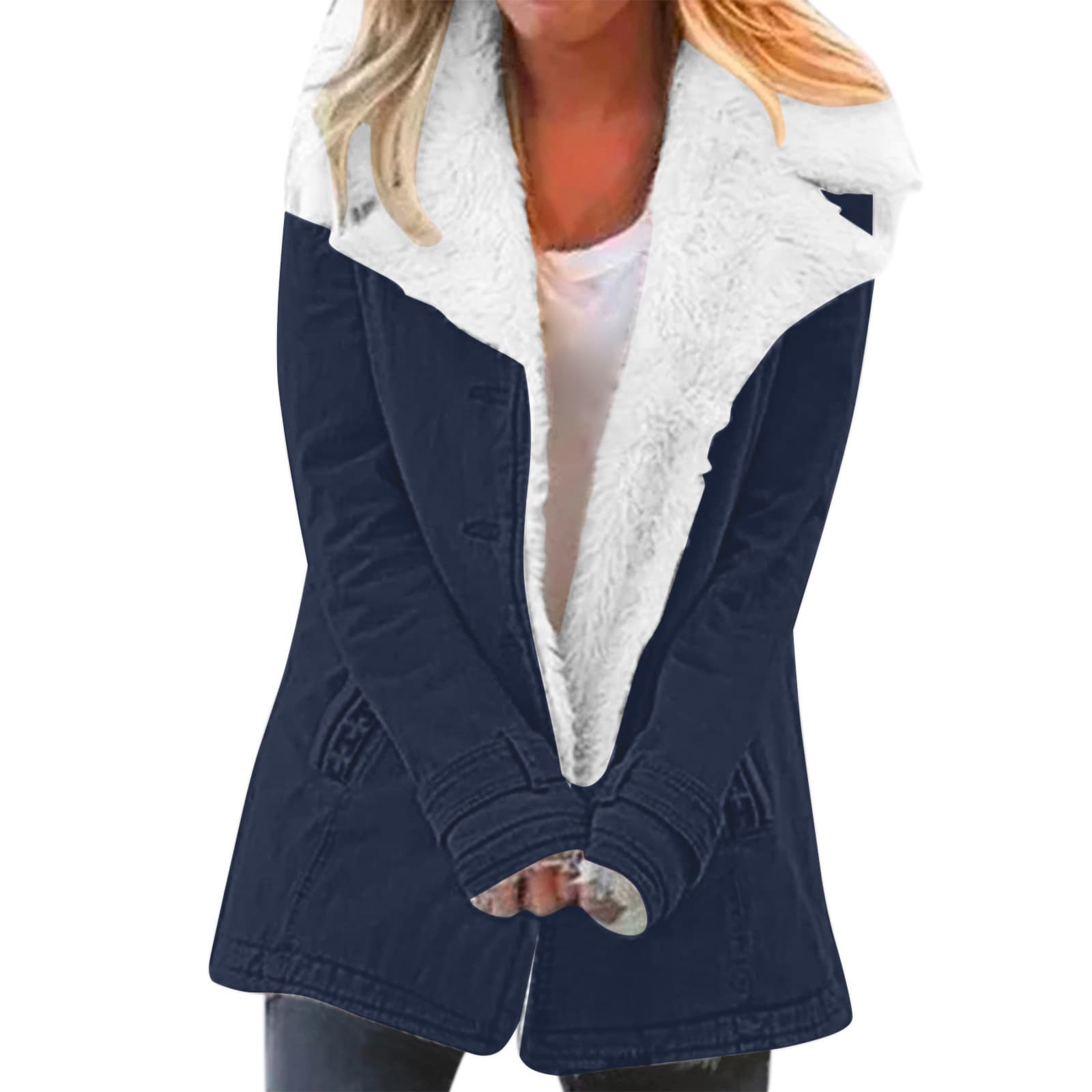 Womens Casual Long-sleeve Fleece-lined Warm Cotton Coat
