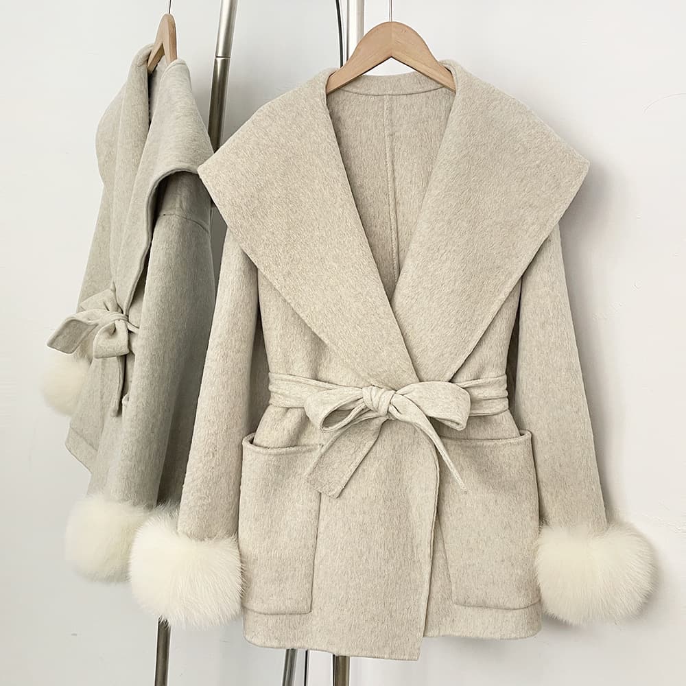Women's Fox-fur Cuff Double-faced Wool Coat