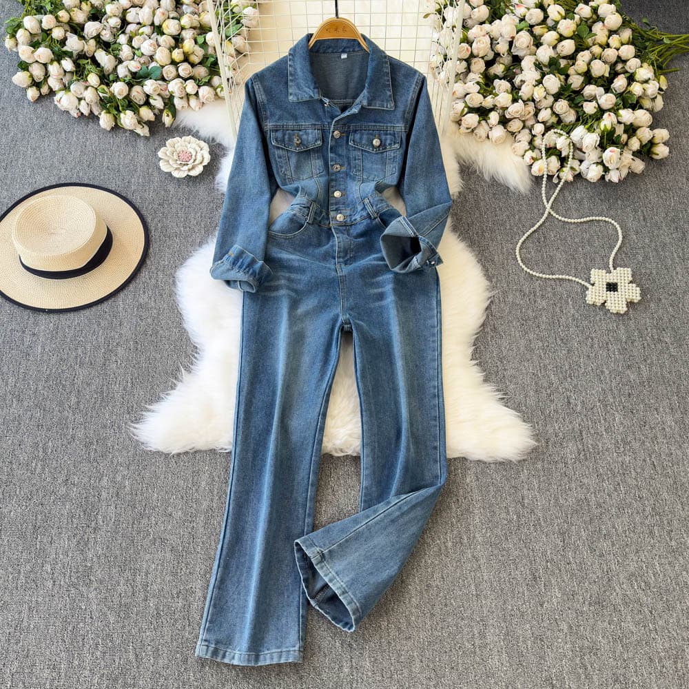 Women's Casual Long-sleeve Denim Jumpsuit