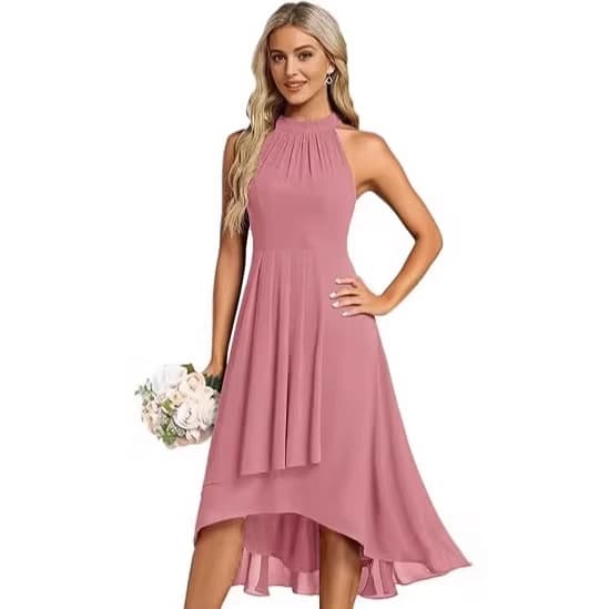 Solid Color Sleeveless Halter Neck Dress For Women Ruched Waist Asymmetrical Hem Long Maxi Dress Elegant Evening Gown