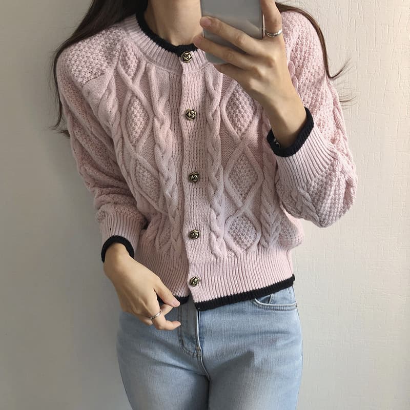 Color-block Button-up Cardigan Sweet-style Outerwear, Knit Sweater