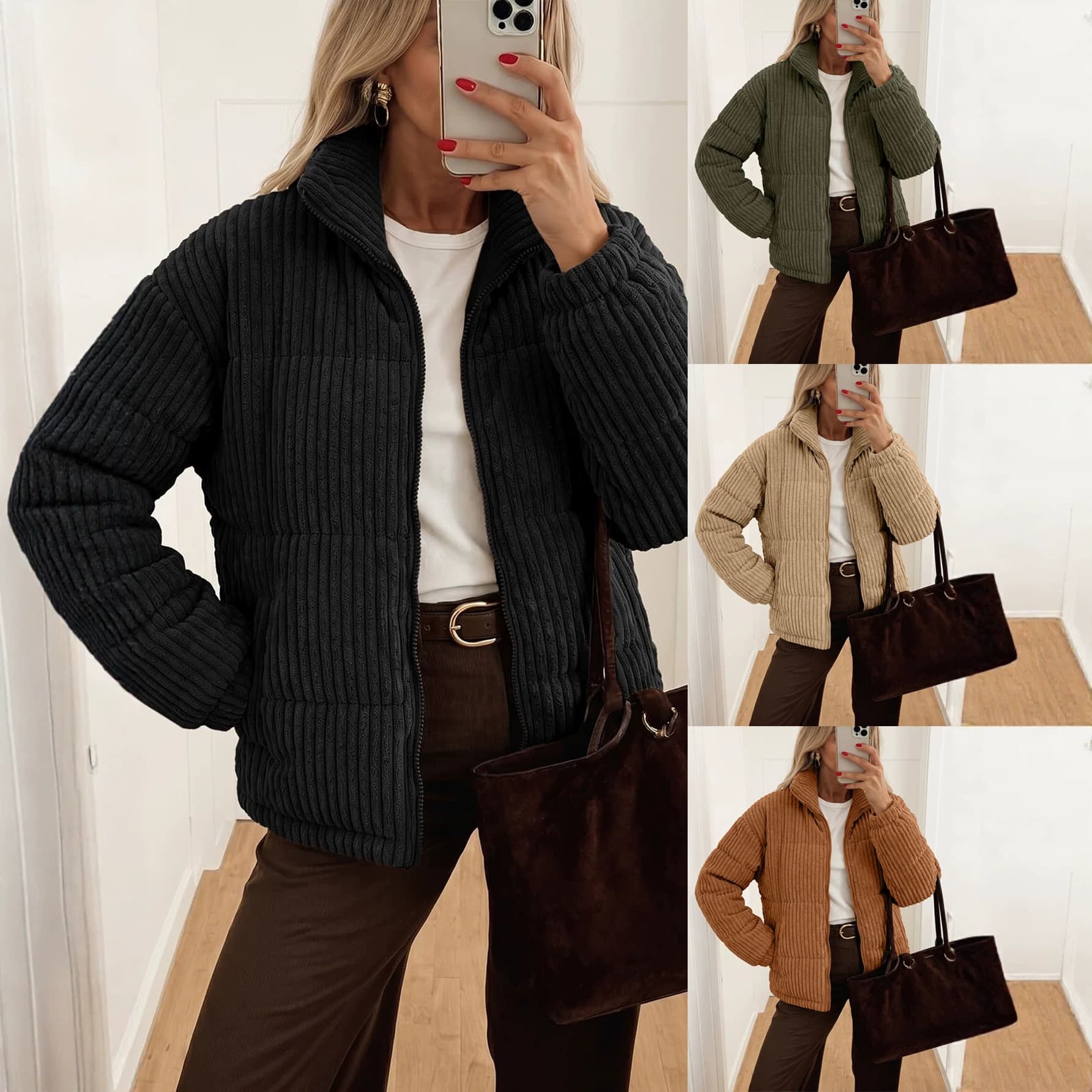Women's Autumn Winter Knit Quilted Jacket - Stand Collar Zip Up Loose Fit Short Cotton Coat