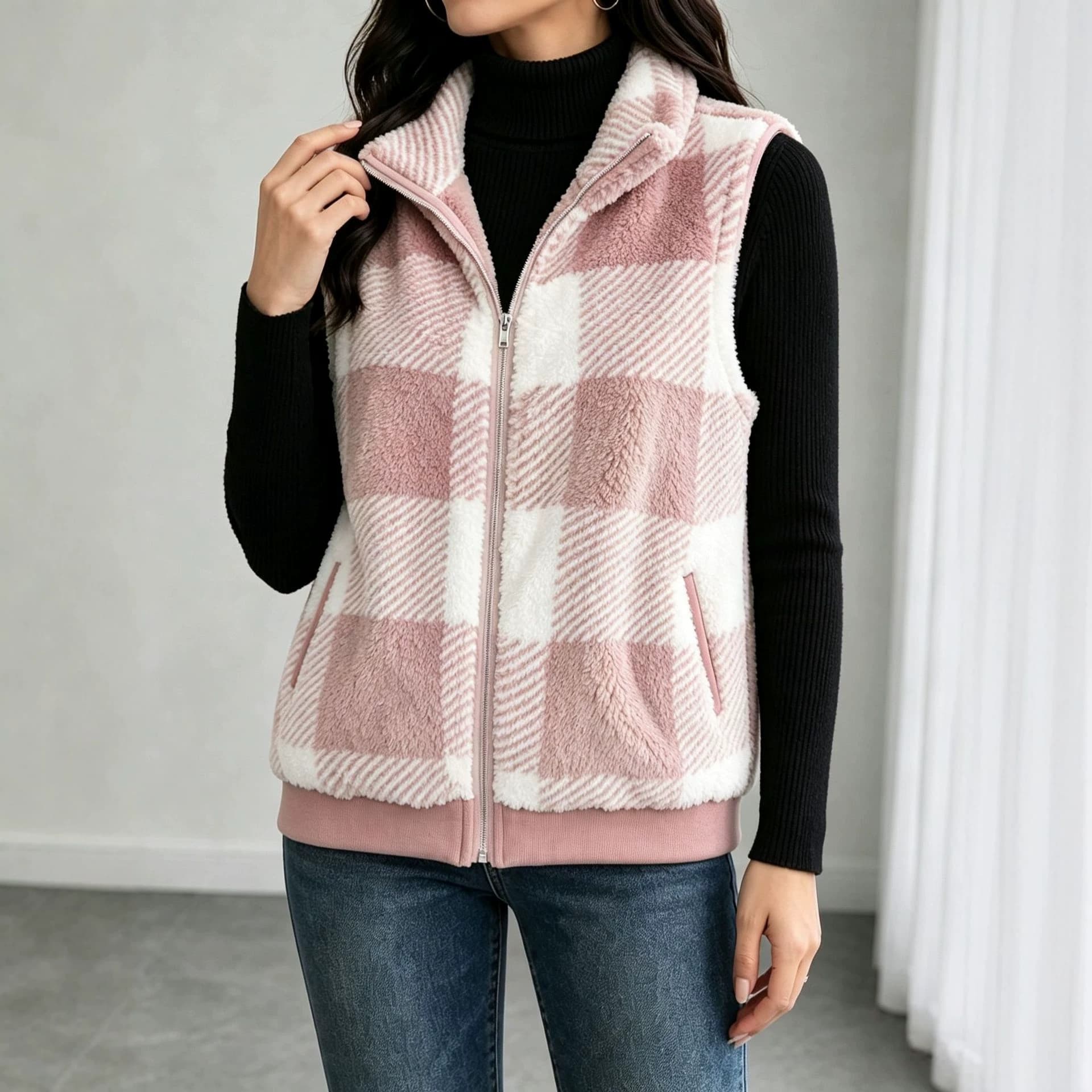 Women's Plaid Stand-collar Sleeveless Zip-up Vest