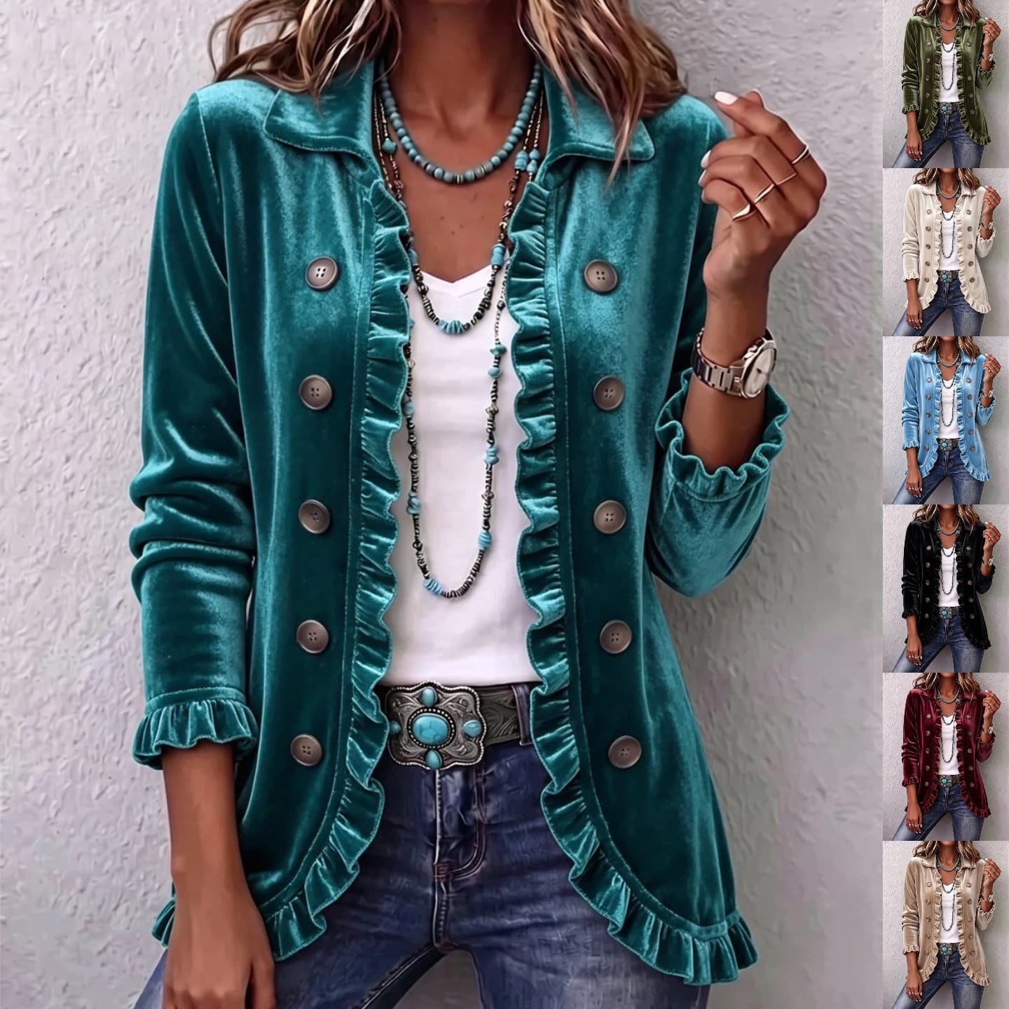Women's Long-sleeve Ruffled-edge Buttoned Velvet Cardigan Jacket