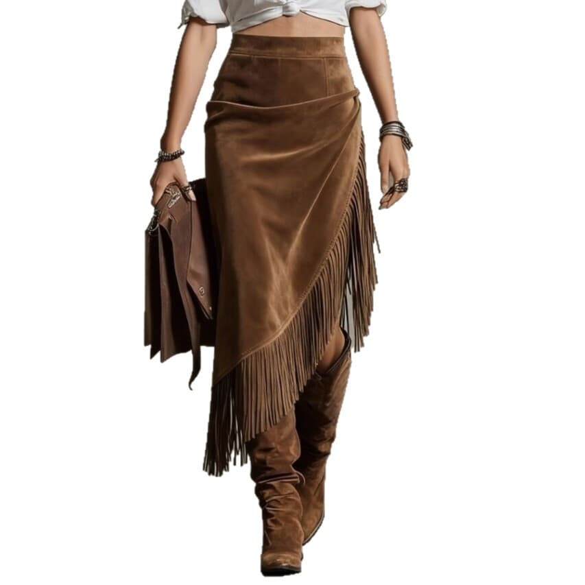 Womens Irregular High-Waisted Suede Fringe Skirt