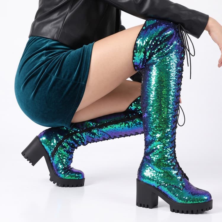 Womens Sequined Platform Chunky-heel Round-toe Lace-up Long Boots