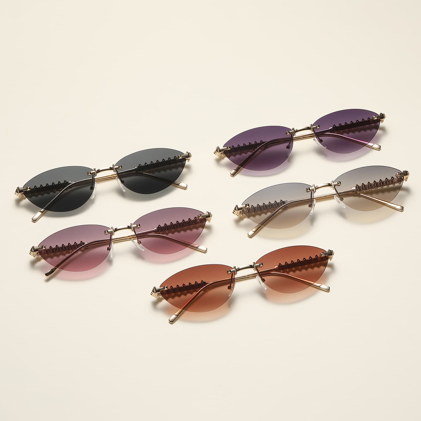 Rimless Cat Eye Metal Sunglasses Women Cut Edge Design With Thin Chain Temples