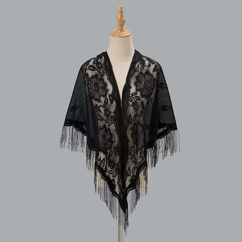 Womens Breathable Lace Triangle Shawl With Floral Design