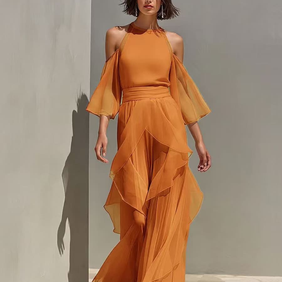Womens Chiffon Blouse And Flare-sleeve Straight-leg Pants Set