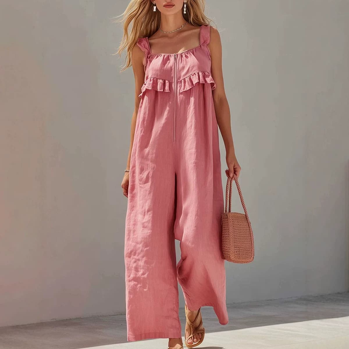 Womens Sleeveless Strap Solid-color Jumpsuit