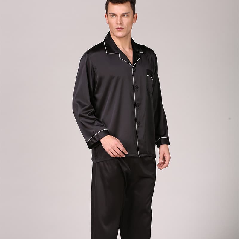 Black Silk Ice Silk Pajamas Men's Summer Long Sleeve Solid Color Suit Summer Plus Size Men's Home Wear