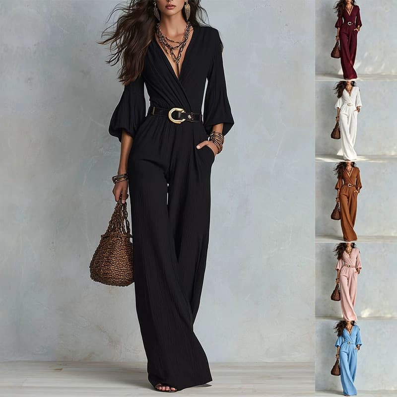 Women's French-style Deep V-neck Bubble-sleeve Jumpsuit