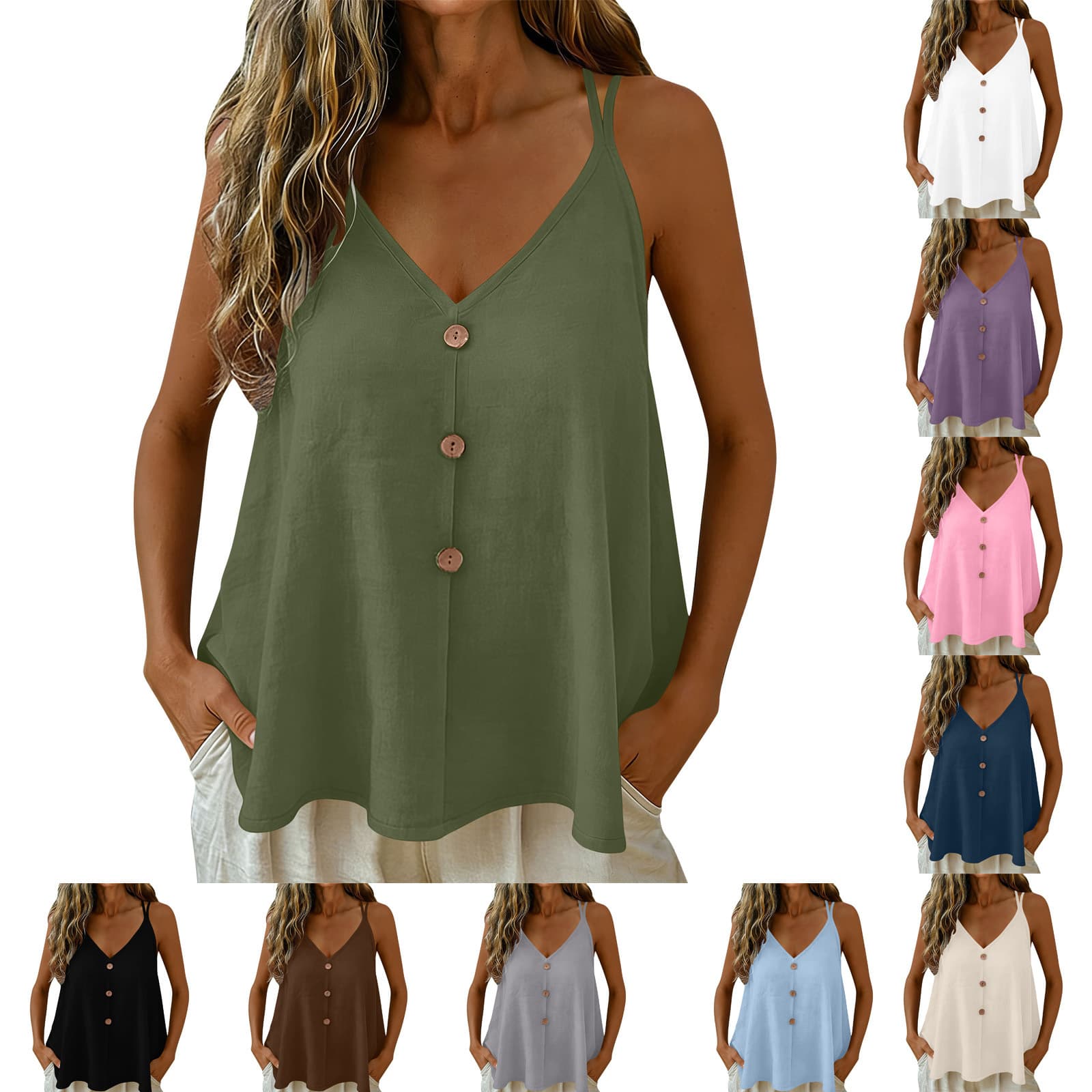 Womens Solid-color Vest With Adjustable Straps And Decorative Buttons