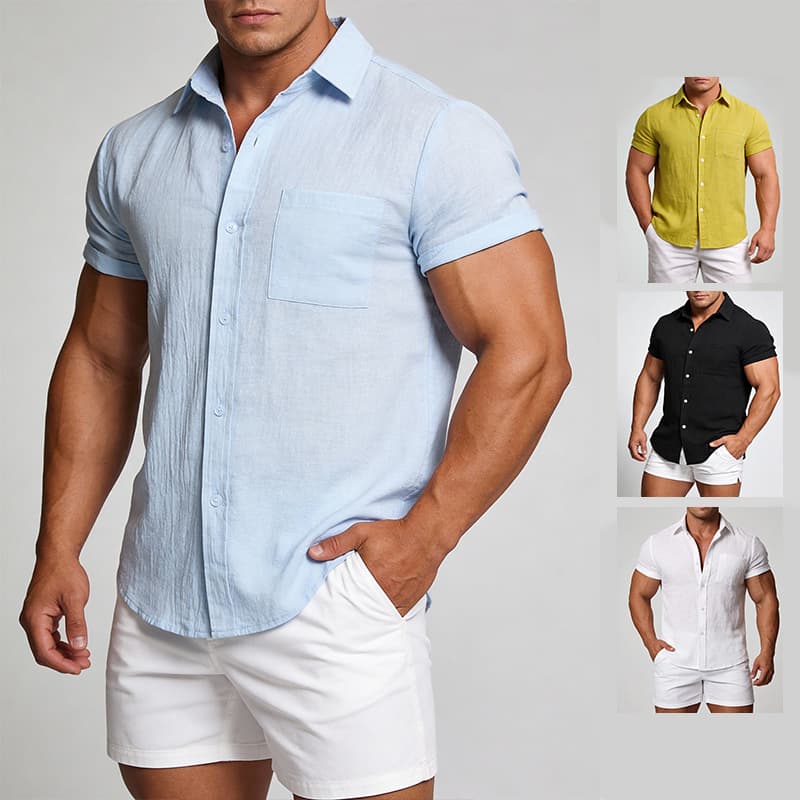 Mens Cotton-Linen Solid-Color Lapel Single-Breasted Short-Sleeve Shirt
