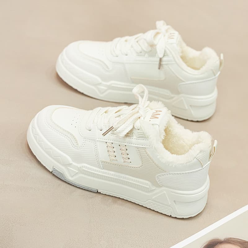 Women's Fleece Lined White Sneakers Thick Warm Casual Canvas Shoes Winter Student Sports Flat Trainers