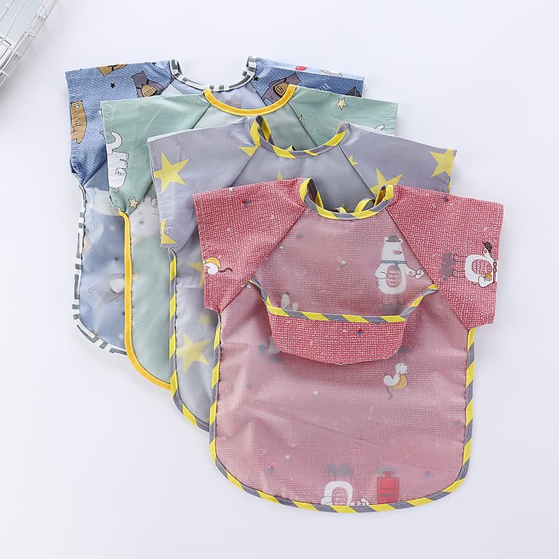 Foldable Baby Smock Bib - Waterproof Long Sleeve Feeding Apron with Pocket for Toddlers