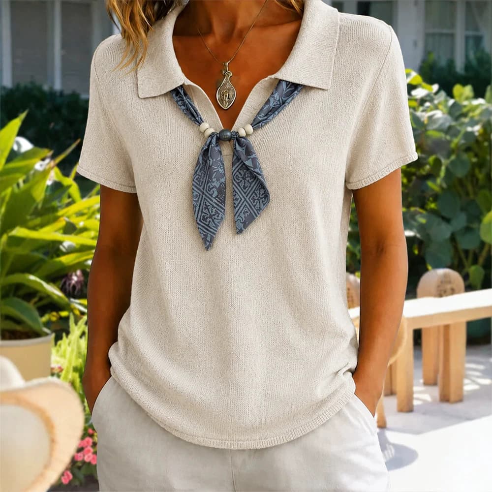 Womens Knitted Polo-neck Top With Short Sleeves And A Ribbon Detail
