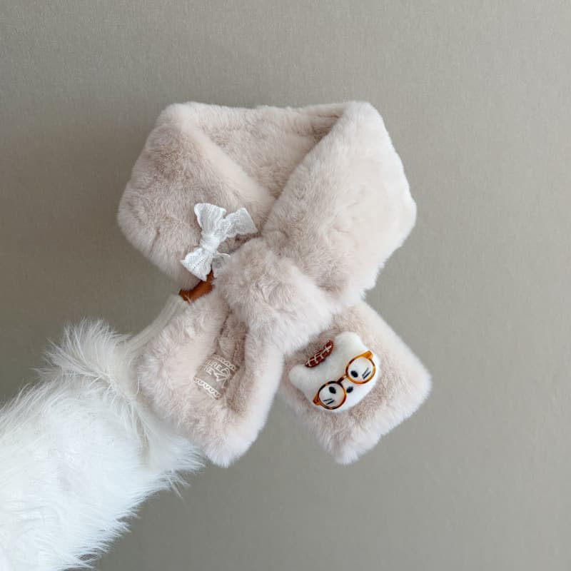 Korean Style Cute Cat Print Faux Rabbit Fur Cross Scarf - Women's Thickened Warm Neck Warmer Plush Shawl for Autumn Winter
