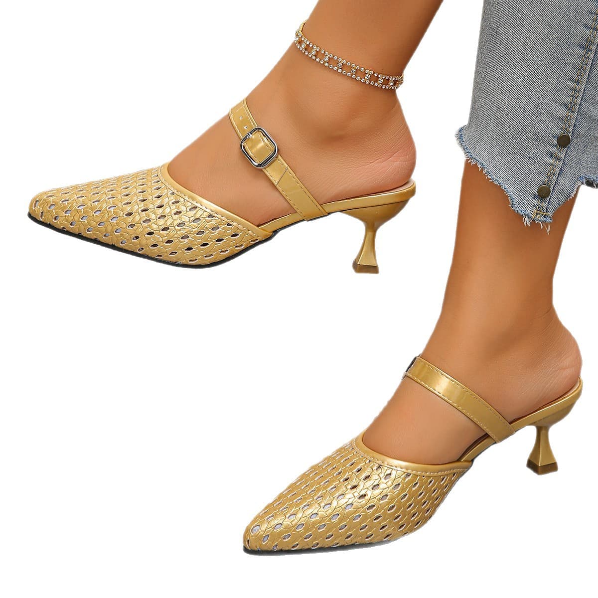 Braided Open-toe Half-slipper Fashionable High-heeled Slip-on For Outdoor Wear