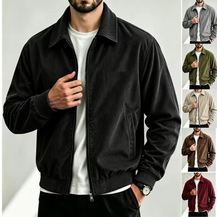 Mens Corduroy Jacket With Lapel And Zipper A Premium Style Long Sleeve Top