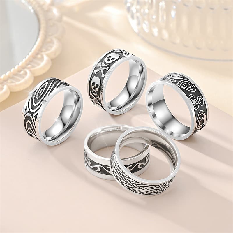 Trendy Vintage Titanium Steel Mens Ring With Geometric Engraving, Stylish And Unique
