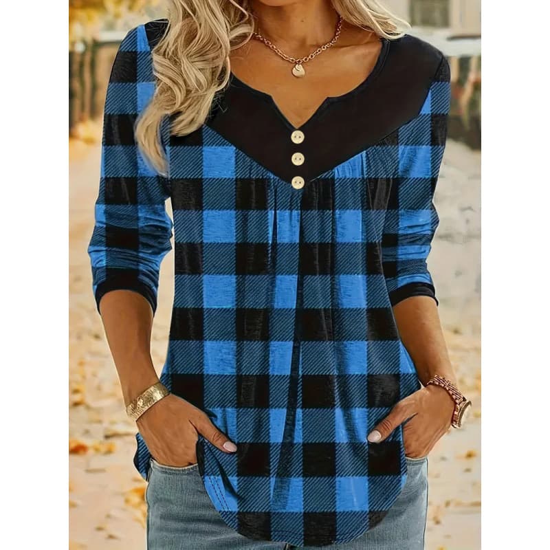 Womens Casual Pleated Plaid Printed Top