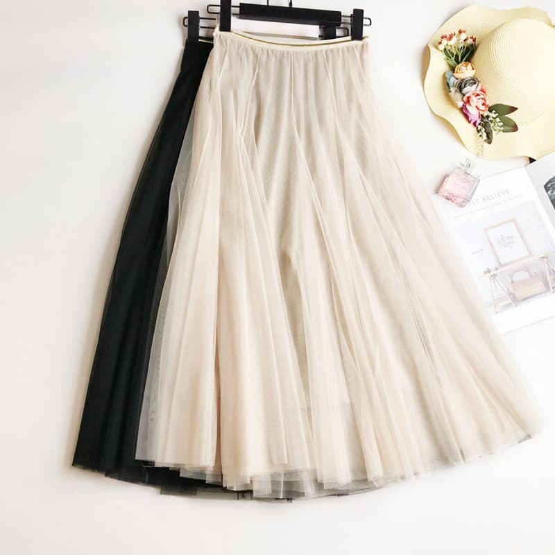 Elastic-waist Mid-length Slim-fit Mesh Skirt Fluffy Skirt Tulle Skirt
