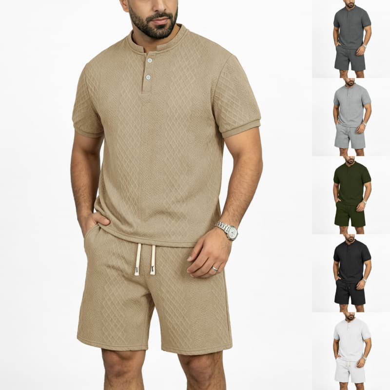 Mens Jacquard Stand-Collar T-Shirt And Shorts Two-Piece Set