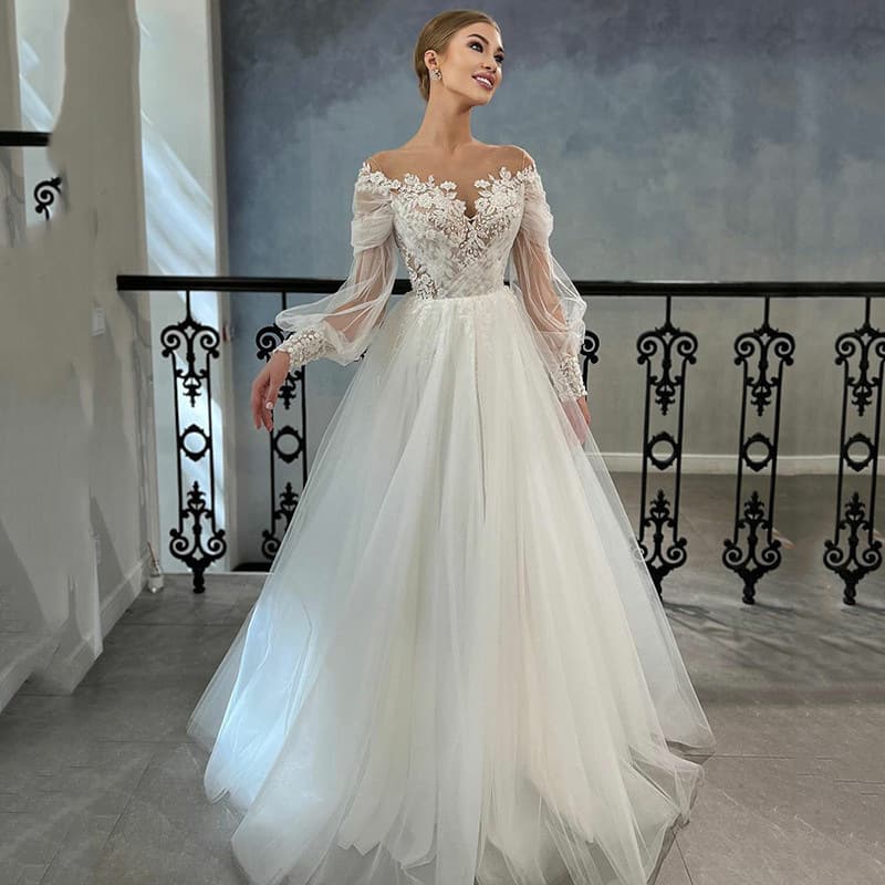 One-shoulder Long-sleeved Waist-cinching Figure-flattering Ball Gown Bridal Wedding Dress