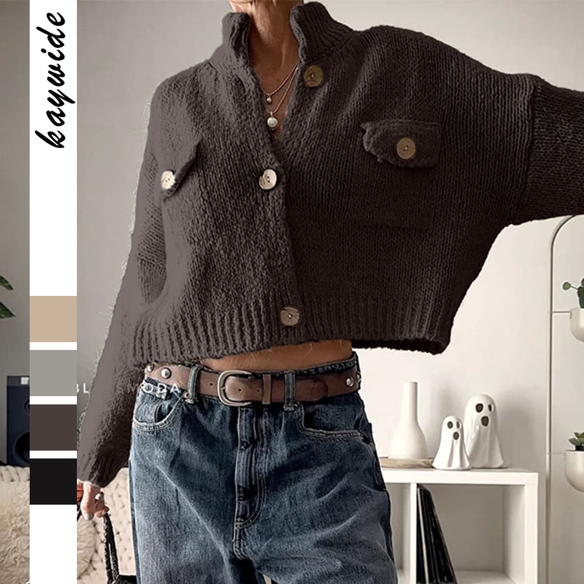 Womens Casual Knitted Long-Sleeve Coat Sweater