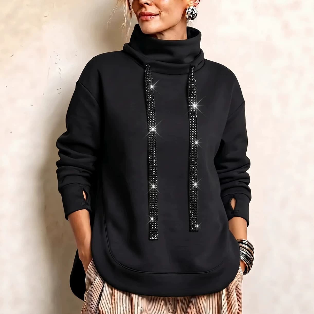 Women's Loose-fit High-neck Sweatshirt With Rhinestone Drawstring